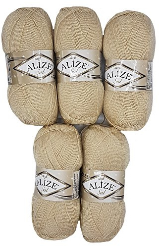 Alize 5 x 100 g Glitzerwolle SAL zum Stricken und Häkeln, 500 Gramm Metallic – Wolle (beige 67)