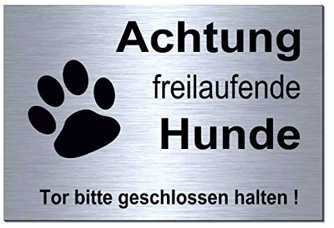 Freilaufende Hunde-Hund-30 x 20 cm-Schild-Hundeschild-Aluminium Edelstahloptik-Hunde-Tierschild-Warnschild-Hinweisschild (133-11 -30 x 20 cm mit Löcher)