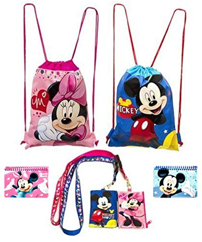 Disney Mickey and Minnie Mouse Drawstring Backpacks Plus Lanyards with Detachable Coin Purse and Autograph Books (Set of 6) (Pink Blue)