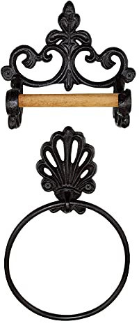 Esoes Toilet Roll Holder Towel Holder Round,Bathroom Towel Ring Toilet Roll Holder Wall Mounted,Industrial Cast Iron Toilet Paper Holder Towel Rails Wooden Roller Holder,Vintage Design