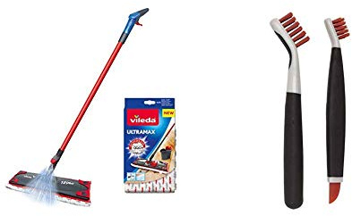 Vileda 1-2 Spray Microfibre Flat Spray Mop with Extra Microfibre Refill Pad, Red & OXO Good Grips Deep Clean Brush Set