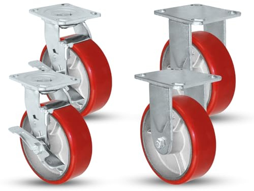 6 X 2 Swivel Caster Heavy Duty Red Polyurethane Wheel on Steel Hub with Brakes (2) and Fixed (2) 4,800lbs Per Set of 4 Tool Box Casters - CasterHQ Brand (6)