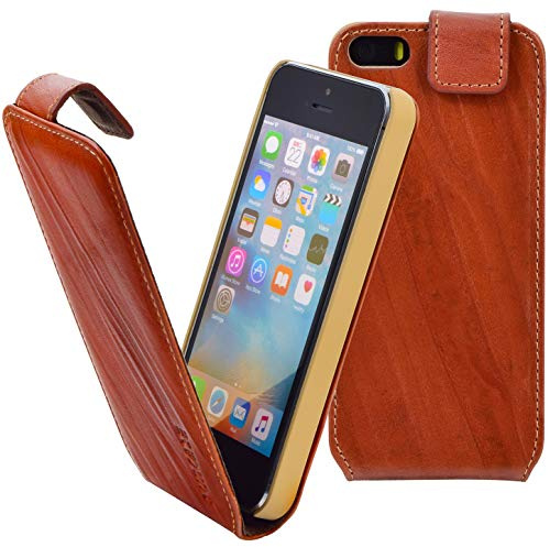 Suncase Flip-Style Tasche kompatibel mit iPhone SE | iPhone 5s | iPhone 5 Ledertasche Leder Schutzhülle Case Hülle (Ultra-Slim) wash braun