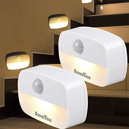 AmmToo Veilleuses LED, Lumière de détecteur de mouvement avec Capteur de Crépuscule, Veilleuse Enfant pour Chambre Bébé, Cuisine, Couloir, Escalier, Salon, Blanc Chaud,Lot de 2