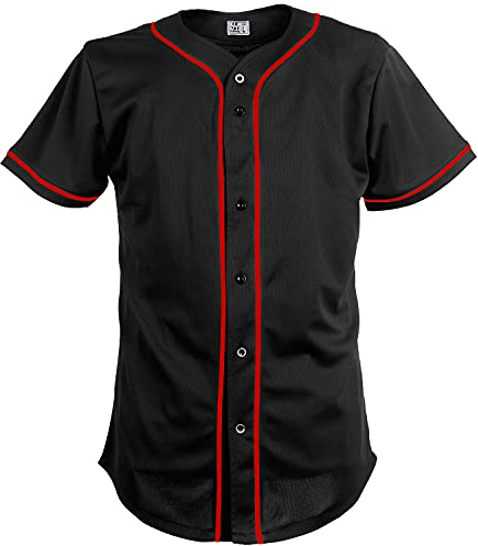Pullonsy Button Up 90s Blank Black Baseball Jerseys Shirts for Men Design,Red Stripe Plain,Size M