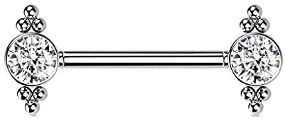 Tata Gisèle Piercing Mamelon Téton en Acier Chirurgical 316L et Oxydes de Zirconium - Push in - 2 Zircons Ronds et 2 Groupes de Billes d'acier de Chaque Côté - (Argenté/Clair)