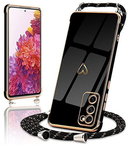 Micoden Handykette für Samsung Galaxy S20 FE 4G/S20 FE 5G Hülle mit Band | Necklace Handyhülle Kameraschutz Herz Love Design Slim Galvanik Silikon TPU Case Kordel zum Umhängen Schutzhülle, Schwarz