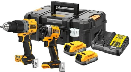 DEWALT DCK2050E2T-QW - Kit: 1x Taladro percutor 18V XR DCD805, 1 Destornillador de impacto de ¼ DCF850, 2 baterías Powerstack de 18V/1,7Ah DCBP034, 1 cargador rápido de sistema DCB115