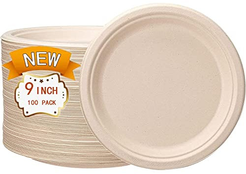 JEBBLAS Lot de 100 assiettes rondes en carton jetables en bagasse de canne à sucre de 22.86 cm, compostables, résistantes pour fêtes et repas en plein air, passent au micro-ondes et au congélateur.