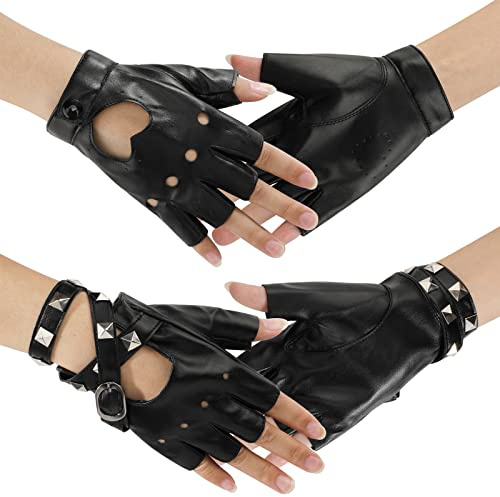 2 Pairs Donne Ragazze Cuoio dell'unità di elaborazione Punk Rock Guanti, Nero Guanti senza dita Cuore ritaglio Mezza Finger Gothic Guanti Rivetti Biker Guanti per Halloween Natale Cosplay Costume