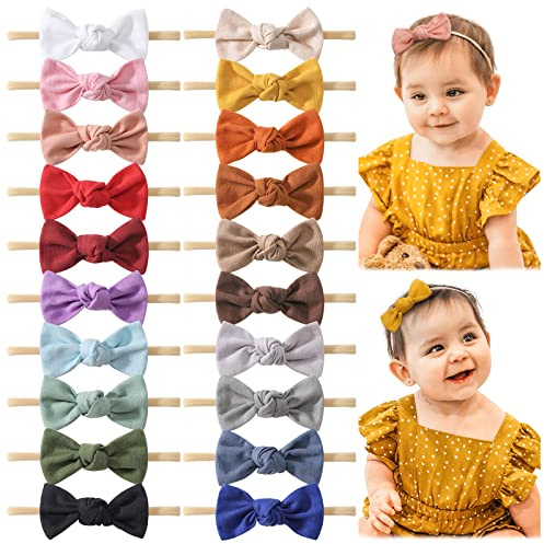 jollybows 20PCS 3.2 Baby Girls Linen Headbands Hair Bows Stretchy Nylon Hairbands for Newborn Infant Toddler Hair Accessories