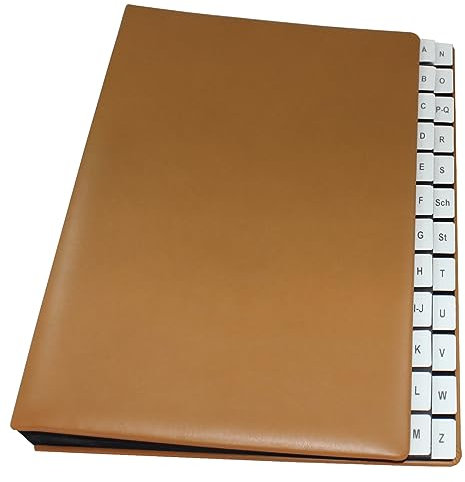 Pultordner mit Register A-Z aus glattem Vollrindleder in Cognac, passend für DIN A4, Softcover mit dehnbarem Rücken, Register-Trennblätter aus schwarzer Kartonage, Prägung auf Anfrage
