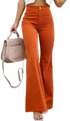 LIROMA Pantalon en Velours Côtelé en Coton Femme Vintage Pantalon Palazzo Taille Haute Élastique Solide Élégant Slim Bell Bottom Automne Dames Pantalon Long Évasé À Jambes Larges Y2K Streetw