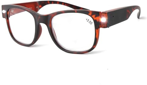 SKYWAY Lesebrille mit Licht, Wiederaufladbare Helle LED Beleuchtete Brille zum Lesen von Kleingedrucktem, Verschreibungspflichtigen Flaschen, Naharbeit (Schildpatt, 2.0)
