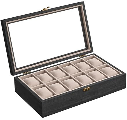 SONGMICS Uhrenbox mit 12 Fächern, Uhrenkasten aus Massivholz, mit Glasdeckel, Uhrenkissen, Geschenk für Ihre Liebsten, weihnachten, ebenholzschwarz JOW120B01