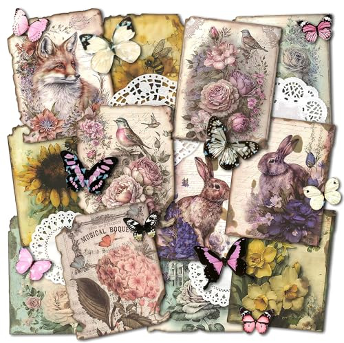 Mayplous Vintage-Blumenmuster-Papier-Set, Scrapbook-Papier, dekoratives Papier, Kraftpapier mit Laser-Schmetterlingsaufklebern für Tagebuch, Kartenherstellung, Papiercollage, Kunst und Handwerk (Lost)