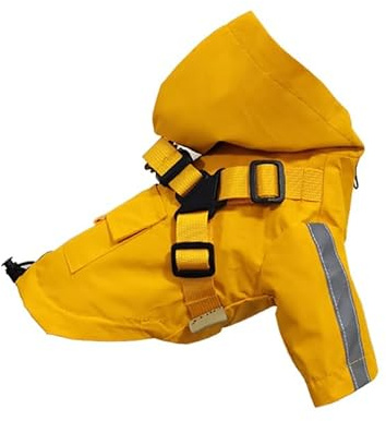 Hunde-Regenmantel mit Geschirr, verstellbarer Kordelzug, wasserdicht, mit Kapuze, Haustierponcho mit reflektierenden Streifen für kleine, mittelgroße Hunde, Größe L, Gelb