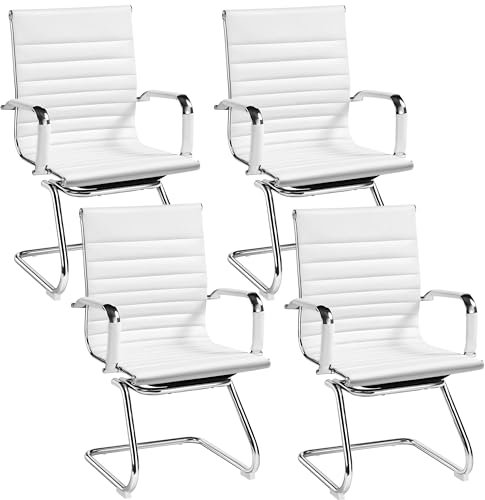 Yaheetech 4 Stück Esszimmerstühle Küchenstuhl mit Armlehnen, Besucherstuhl mit Chromgestell, Freischwinger aus PU, Konferenzstuhl für Esszimmer Schlafzimmer Wohnzimmer Weiß