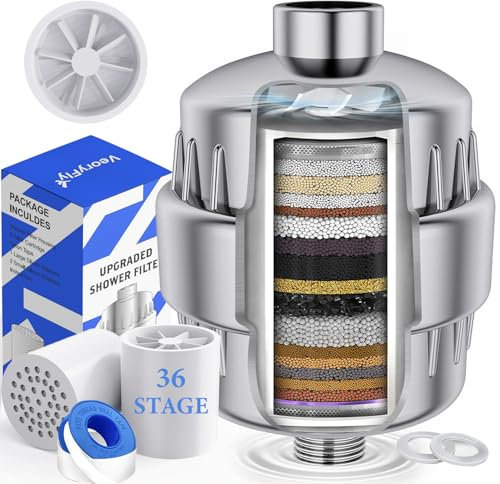 VeoryFly 36 Stage Shower Filter with Vitamin C for Hard Water, High Output Showerhead Filter with 2 Replaceable Cartridges, Shower Water Filter for Removing Chlorine, Heavy Metals and Other Sediments