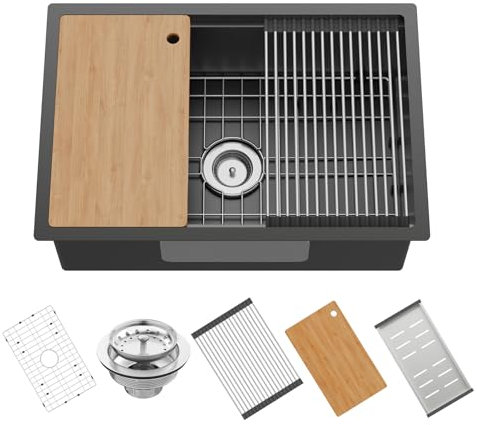 Black Kitchen Sink Workstation,28x19 Stainless Steel Undermount Single Bowl Sink Built-in Ledge Drop In Workstation Sink For Placing/Sliding Accessories-Cutting Board,Drying Rack,Colander