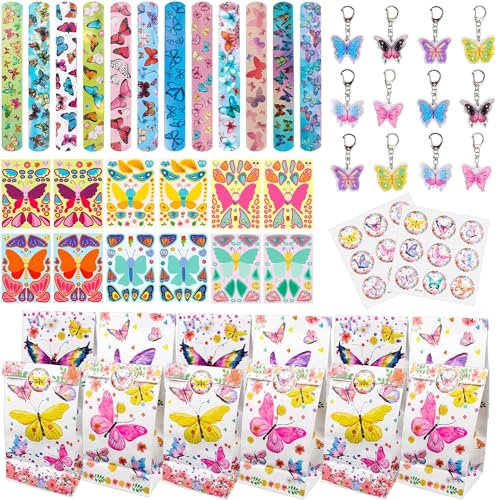 TIVUNORON Detalles De Mariposas Para Niñas, Fiesta De Cumpleaños Infantil De Mariposas Con Bolsas De Regalo Pulseras Slap Llaveros Pegatinas Faciales Accesorios Para Fiestas
