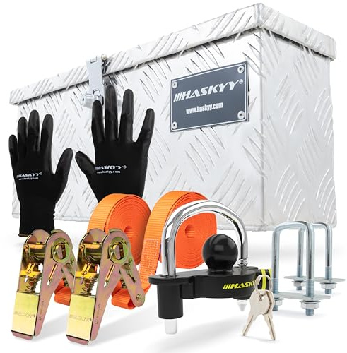 HASKYY Aluminium Box Satz 485x140x200 mm inkl. 2x Spanngurte mit Ratsche 5m*27mm 400-800 daN, Anhängerschloss Diebstahlschutz & schwarze Handschuhe Werkzeugkoffer