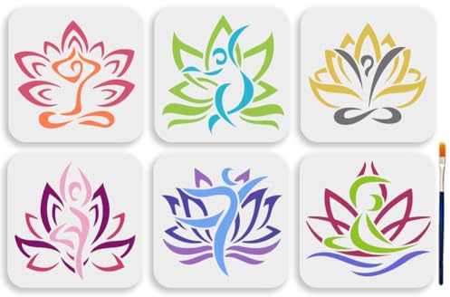 MAYJOYDIY 6 Yoga Lotus Malvorlage 15 × 15cm Wiederverwendbare Lotusblumen Schablone Mit Pinsel Ausgehöhlte PET Zeichenschablone Für Holz Stoff Wände Fenster Heimwerkerarbeiten