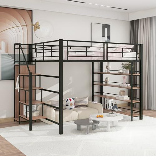 Zravenna Hochbett 140x200cm mit Sicherheitsleiter und Treppe, Metall Jugendbett mit Stauraum, Eisenrahmen und Ablagefläche, Kinderbett, Einzelbett, MDF&Metall (Schwarz, 140x200cm-B)