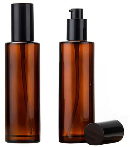 2 botellas vacías recargables de vidrio ámbar de 100 ml, dispensadores de jabón, tarros con tapa negra para base, crema, maquillaje, aceite, champú
