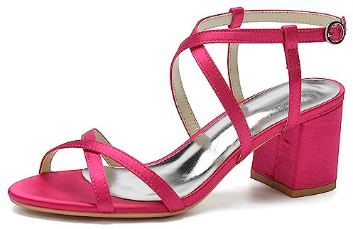 HFWXYSA Sandali da donna con tacco a punta aperta e cinturino alla caviglia, tacco grosso, scarpe da festa in raso, scarpe da sposa, Fucsia, 34 EU