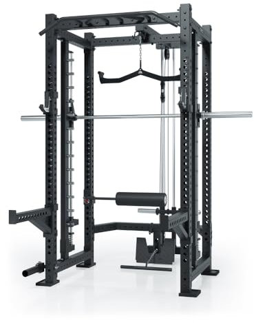 ATLETICA R8 Defender | Power Rack | Inklusive Smith Machine und Latzug-Anbau | Plate Loaded | Ergo Latzuggriff | Leg Blocker | J-Hooks und Safety Spotter