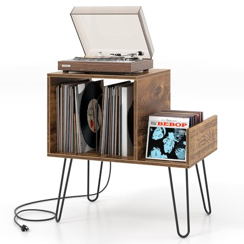 KOMFOTTEU Supporto per Giradischi con Stazione di Ricarica, Porta Dischi Vinile Vintege con Pareti Divisorie e Ripiano Laterale, Espositore per Dischi in Vinile Fino a 145 Album, 66x45x67cm (Marrone)