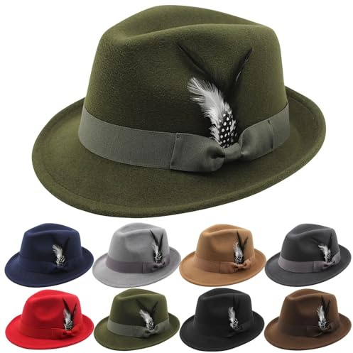 Fedora-Hüte für Damen und Herren, klassischer Vintage-Stil, kurze Krempe, Filzhut, Panama, Trilby-Hüte mit Federbändern, rot, Einheitsgröße