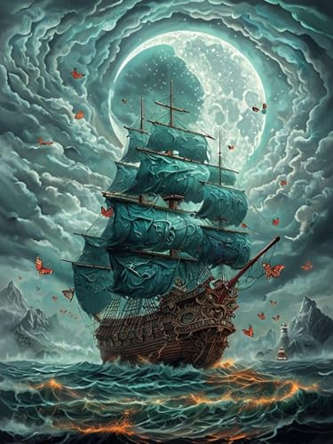 joonnair 30x40cm 5D-Diamond Painting Erwachsene DIY Diamont Painting, Piratenschiff-Diamantgemälde, Mondschein-Diamantgemälde, Ozean-Diamantmalerei, Geeignet als Wohndekoration oder Geschenk