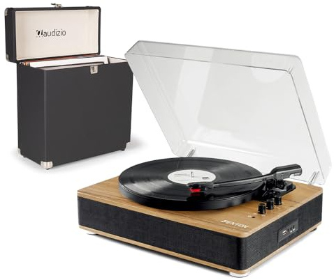 Fenton Modern Record Player with Built-In Speakers, Vinyl Player Bluetooth Output, USB Recording & Audizio RC32 Record Case, Light Wood Finish for Home Audio