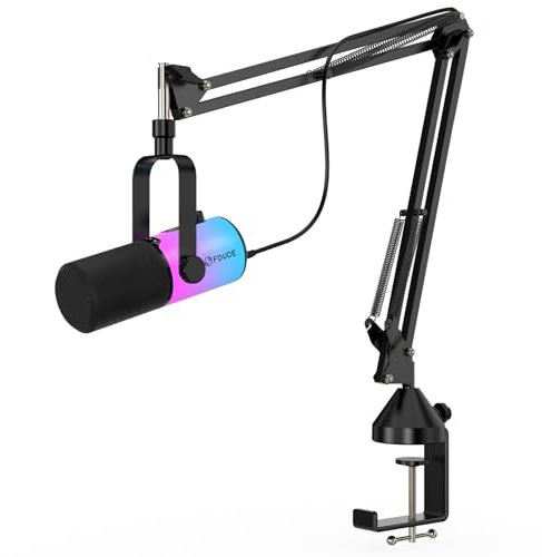 FDUCE Micrófono para Juegos USB/XLR con Brazo, Kit de micrófono para transmisión de podcasts Micrófono dinámico con luz RGB, botón de Silencio, Perilla de Ganancia, Conector para Auriculares (D20+)