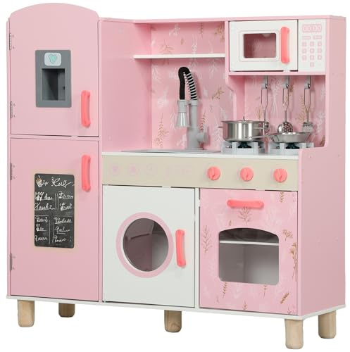 AIYAPLAY Toy Kitchen, Pretend Role Play Kitchen, Kids Kitchen Set with Lights and Sounds, Double Stoves, Ice Maker, Chalkboard, Microwave, Oven, Sink, 5 Accessories, for 3+ Years, Pink