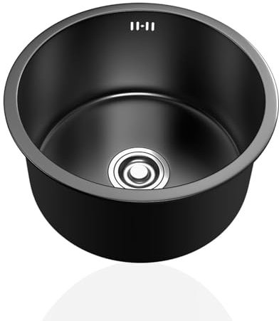 Lavabo Rotondo,Lavelli da Cucina Acciaio Inox Piccolo,Lavello Cucina 1 Vasca Nero,Lavandino Cucina con Set Di Drenaggio,Installazione Appoggio o Sottopiano (Ø 32cm)