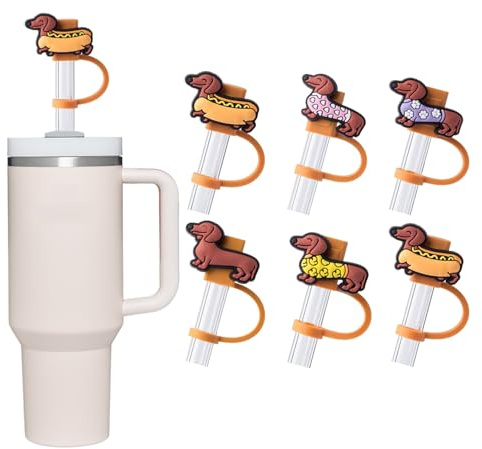 6 Pcs Dachshund Cover for Stanley Cup 40&30oz - Reusable Silicone Straw Covers 10mm Dust-Proof Topper - Cute Dog Universal Tips - Stanley Cup Accessories Dog Lover Gifts