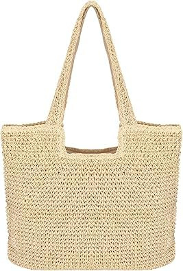 Jesustree Sac de Paille Sac à Bandoulière de Plage d'été Pour Femme Boho Tissé à la Main Sac à Main Pour le Voyage, La Date et Les Vacances Beige