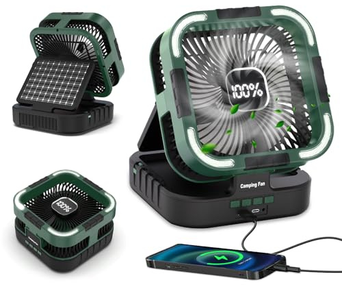 Portable Fan Desk Solar Fan - 20000mah Camping Fans Battery Fans with Solar Panel 120° Auto Oscillating, 6 Wind Speeds, 3 Light Modes,Timer, Handle, Foldable Table Fans for Home,Office,Travel (Green)