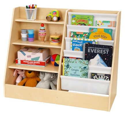 OOOK Bücherregal Kinder, Kinderregal mit 4 Ablage und 3 offenen Fächern, Regal Kinderzimmer Spielzeugregal aus Holz, Bücherregal Montessori Regal für Kinderzimmer, Kindergarten, 100 x 40 x 80 cm