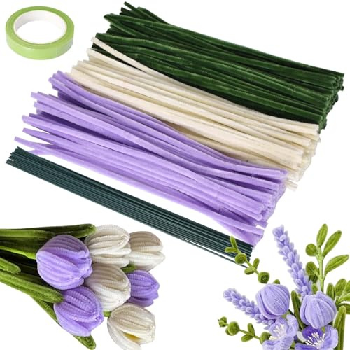Tulpe Pfeifenreiniger Blumenstrauß Set, 215 Stück Pfeifenputzer zum Basteln, Pfeifenreiniger zum Basteln mit Blumendraht,Blumenstrauß DIY, inkl. Verpackungspapier, Geschenktüte, Bastelband