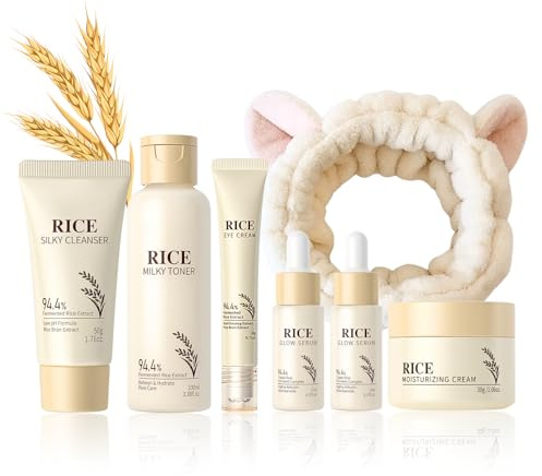 Rice Skincare Sets, Glass Skincare Gift Set, Rice Facial Kit for Glowing Skin for Women, Brightens, Soothes, Hydrates Sensitive Skin, 7PCS(Cleanser,Toner,2pcs Serum,Moisturiser,Eye Cream,Hairlace)