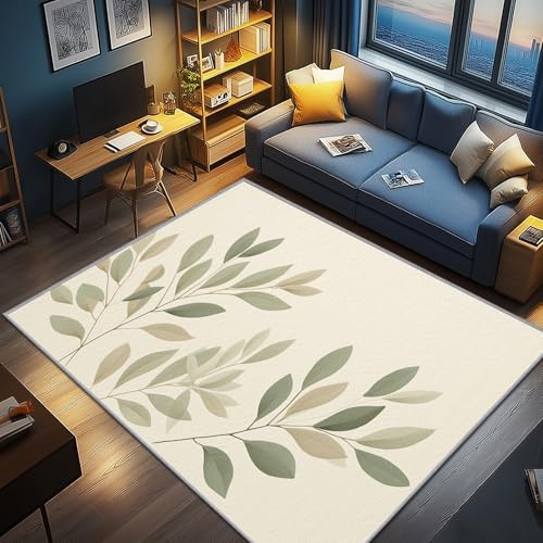 AevuCub Blatt Deko, Grüne Blätter Teppich 120x160 Kurzflor, Teppich Wohnzimmer Rustikale Natur Naturmotiv, Weich rutschfest Waschbare Teppiche, Bettvorleger Schlafzimmer Kinderzimmer