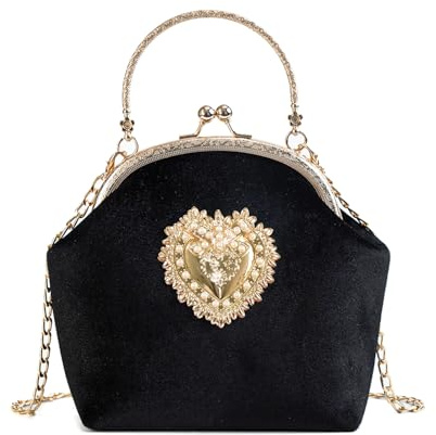 CRFASIBE Borse da Sera Donna, Pochette di Velluto Kiss Lock, Borsa a Tracolla con Catena Elegante, Pochette e Clutch Vintage per Festa Nozze Cerimonia(Nero)