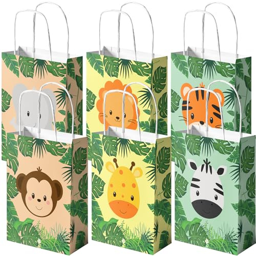 24 Pack Safari Party Favor Bags for Kids – Jungle Goodie Bags with Handles, Safari Birthday Decorations, Animal Party Supplies for Boys and Girls