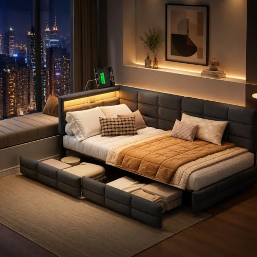 Bäddsoffa 90 x 200 cm med 2 lådor, säng 90 x 200 cm med LED-underlag, USB typ C, enkel säng med sänggavel, sängram med förvaringsutrymme, dagsäng, enkel ribba, linne, grå