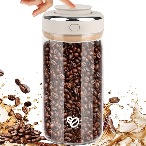 Ezvsevuo Kaffeedose Luftdicht Glas, 1.7L Kaffeebohnenbehälter mit Auslassventil und Datumsanzeige, Transparent Kaffeebohnen Behälter Vakuum Kaffeedose für Kaffeebohnen, Nüsse, Kakao, Teeblätter