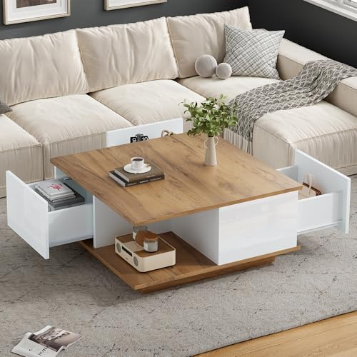 OKMYHOME Table Basse Carrée avec 3 Tiroirs, Blanc et Noyer, 70 × 70 cm | Hauteur 31.5 cm, espace semi-ouvert, rangement pratique, design géométrique, pour salon